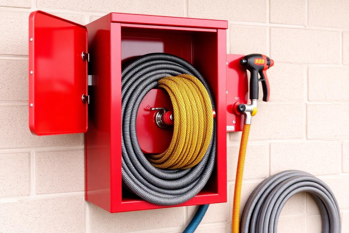 Hose Reel Cabinet dengan selang dan nozzle