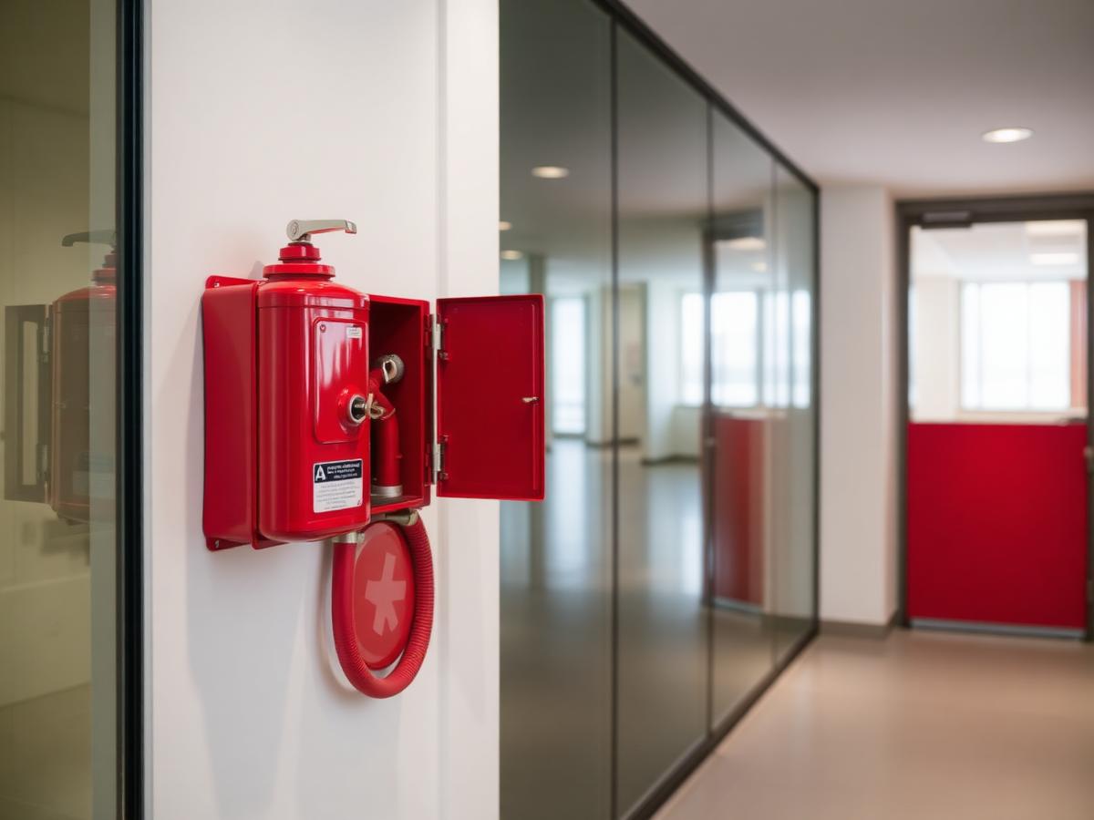 Indoor Hydrant Box merah terpasang di dinding koridor gedung