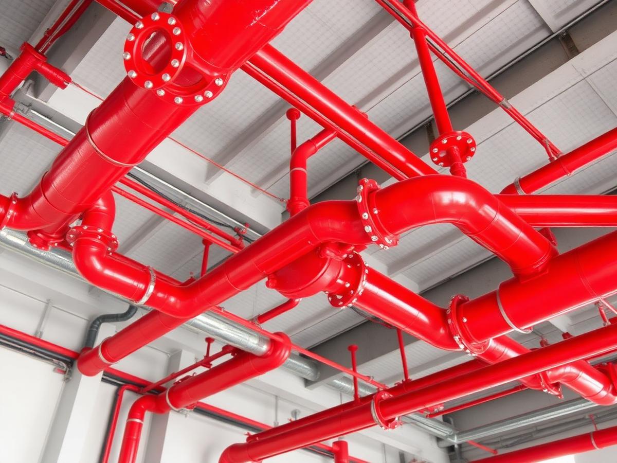 Jaringan pipa distribusi merah Fire Hydrant System pada ceiling gedung